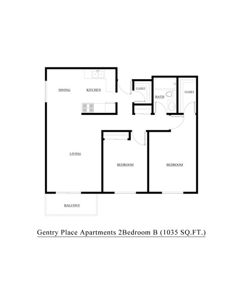 A floor plan of apartment 2 bedroom B at Gentry Place.
